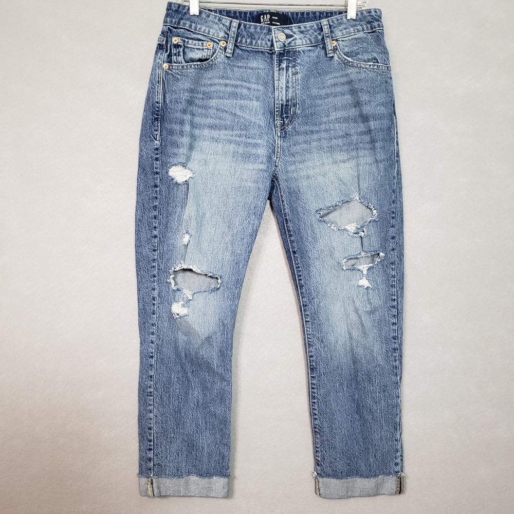 Gap Women 10/30R Slim Boyfriend Jeans Blue Distressed Medium Candale Cuffed Raw